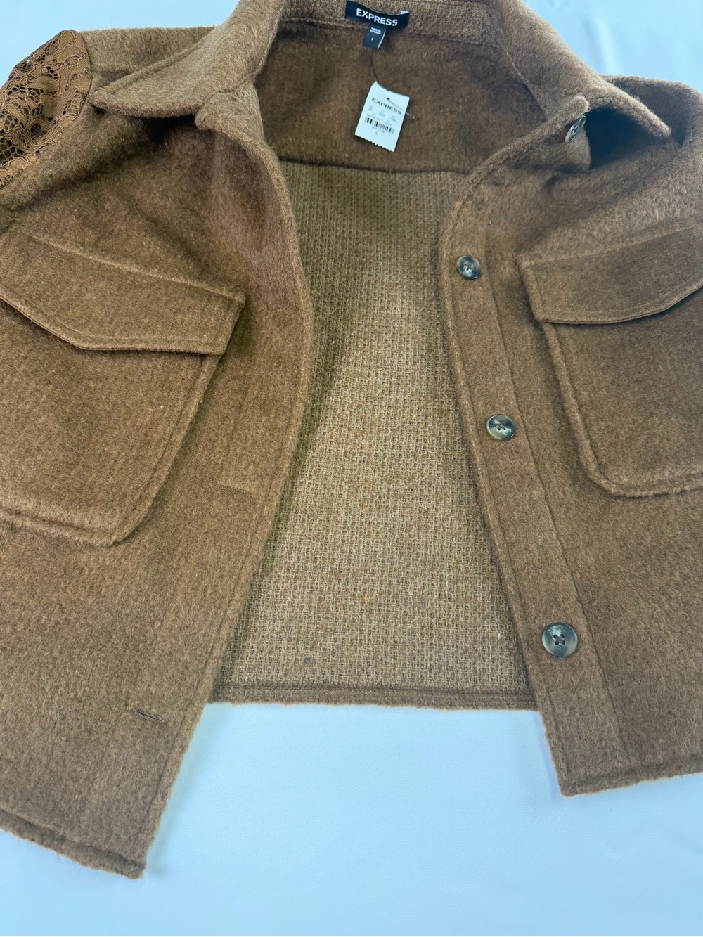 Express - Chic Brown Woven Lace-Sleeve Cropped Jacket NWT -Date night ready L - Picture 11 of 16